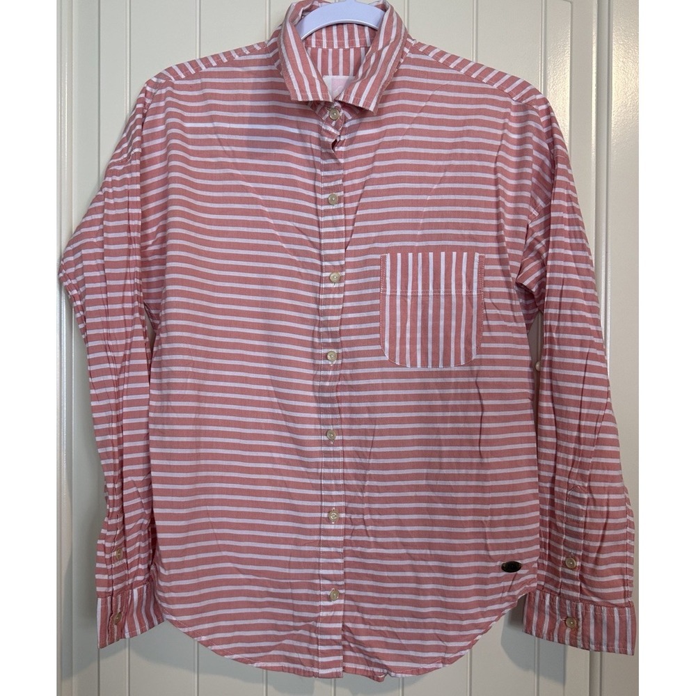 Quiksilver pink striped long sleeve button up lightweight shirt sz S roll tab